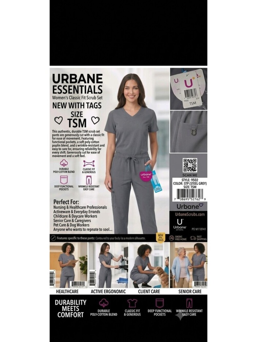 Urbane Women's Classic Relaxed Fit Scrub Pants Tall Small STP Gray New With Tags